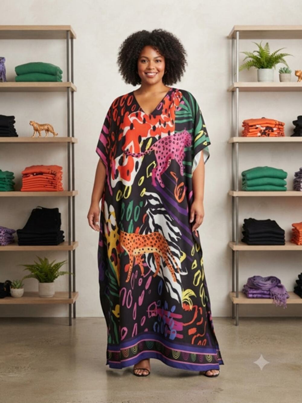 Boho Kaftan Animal Print Maxi Dress Thrifted Vintage Fashion